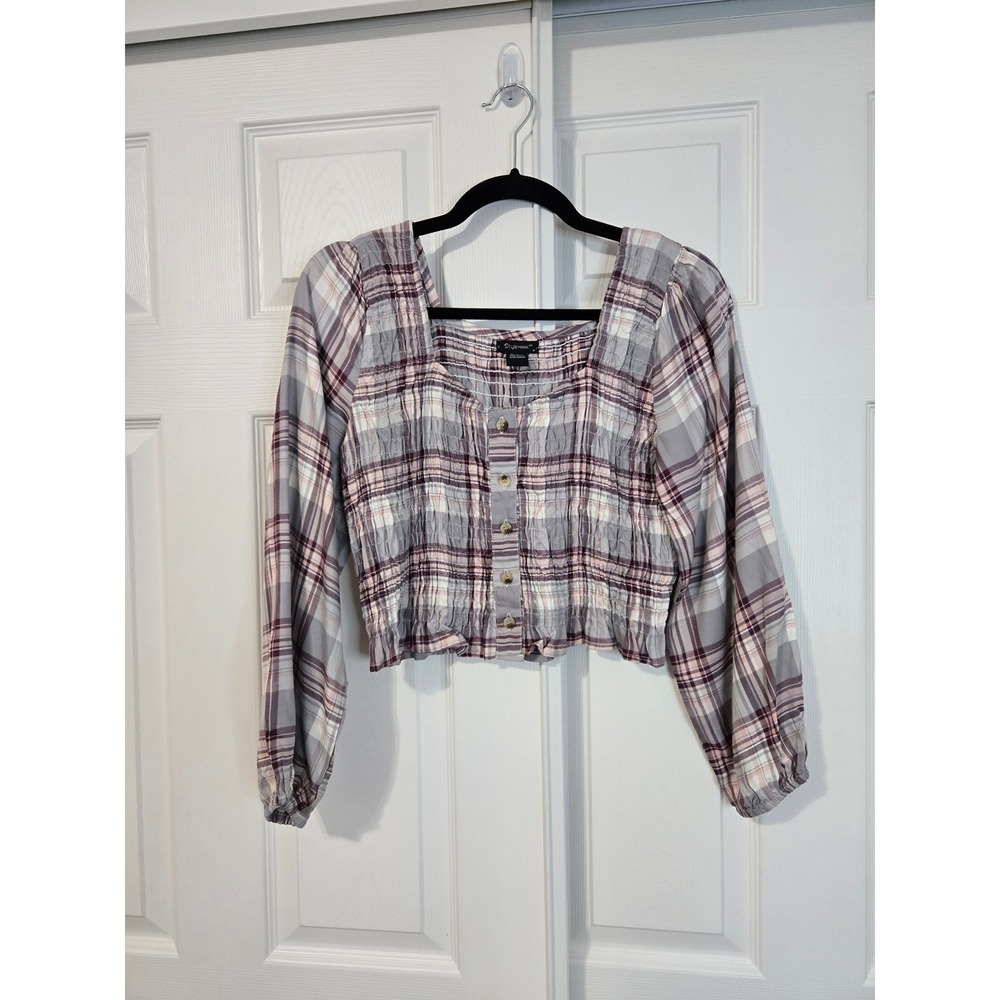 Womens Plaid Smocked Crop Top Long Sleeve Square Neck Button Front Cottagecore M